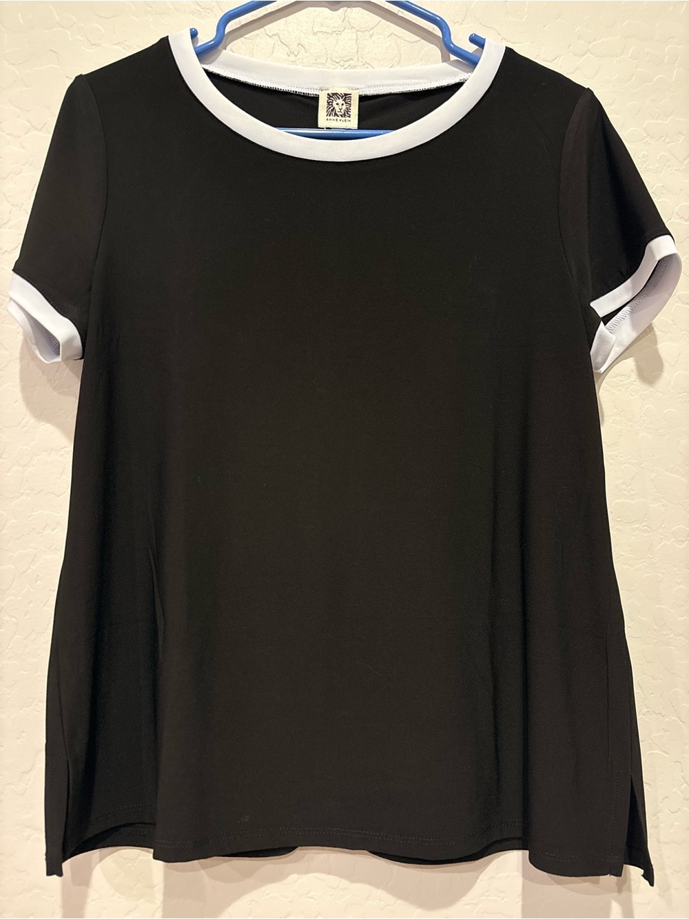 Anne Klein Black Short-Sleeve Shirt with White Trim and Gold Button Detailing